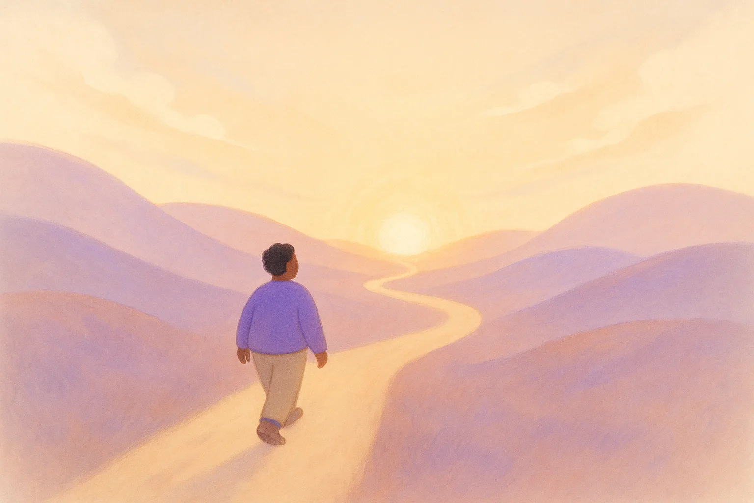 A person walking a winding path toward radiant light.